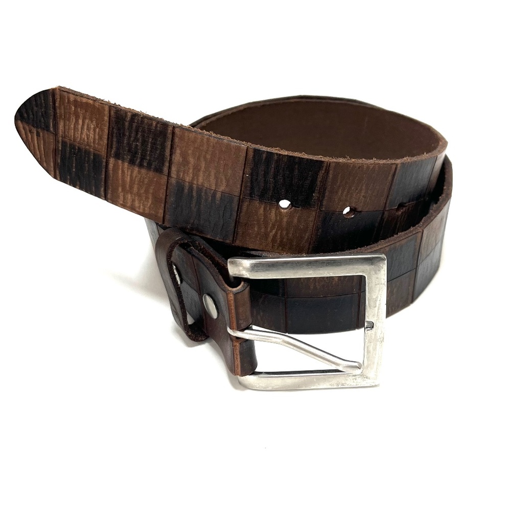 Vintage Brown Leather Distressed Checkerboard Belt Silver Buckle Genuine Leather